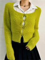 Fluffy Green Buckle Cropped Sweater