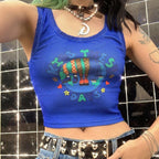 Cute Graphic Cartoon Print Retro Aesthetic Sleeveless Shirt Crop Top Tank Rib Knit Goth Punk Casual E-Girl Kawaii Korean Japanese Harajuku Streetwear