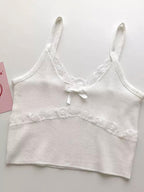 Patchwork Lace Bow Knit Camisole Crop Top