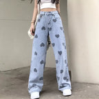 Cute Heart Denim Blue Loose High Waisted Straight Leg Flare Jeans Pants Aesthetic Casual Summer E-Girl Kawaii Korean Japanese Harajuku