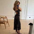 Black Floral Mesh Lace Backless Slip Dress