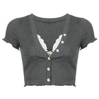Sweet Lace Button V Neck Cropped Short Sleeve T-Shirt