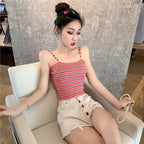 Cute Stripe Knit Cropped Tank Top Spaghetti Strap Camisole Sleeveless Shirt T-shirt Top E-Girl Kawaii Korean Japanese Harajuku Streetwear
