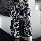 Black Smiley Happy Face Cartoon Print Button Down Oversize Short Sleeve Shirt Goth Aesthetic Casual Summer E-Girl Kawaii Korean Japanese Harajuku