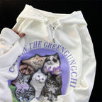 Purple Flower Kitten Print Oversized Hoodie