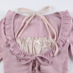 Purple & White Patchwork Ruffle Halter Crop Top
