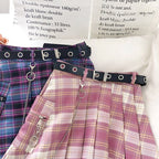 Cute Vintage Plaid Belt Chain High Waisted Mini Skirt School Uniform Tennis A-line Goth Punk Club E-Girl Kawaii Korean Japanese Harajuku Streetwear