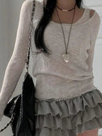 Grey Ribbed 2PCS Long Sleeve Shirt