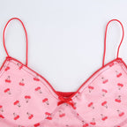 Cute Sweet 90S Pink Cherry Print V Neck Crop Top Sleeveless Shirt Camisole Party Club Summer Casual E-Girl Kawaii Korean Japanese Harajuku Streetwear