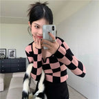 Pink & Black Checkboard Knit Sweater
