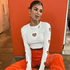 Heart Cut Out Retro White Long Sleeve T-shirt Crop Top Streetwear Summer Aesthetic Casual E-Girl Kawaii Korean Japanese Harajuku
