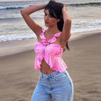 Pink Tie Dye V Neck Ruffle Crop Top