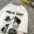 Cat Milk Cartoon Print Short Sleeve T-shirt