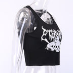Black Skull Print Knit Ruffle Tank Top Cropped Sleeveless Shirt Causal Goth Punk Causal Summer E-Girl Kawaii Korean Japanese Harajuku Streetwear
