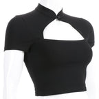 Cute Sexy Casual Black Hallow Out Crop Top Short Sleeve Shirt Tee T-shirt E-Girl Kawaii Korean Japanese Harajuku Chinese Retro Streetwear Aesthetic