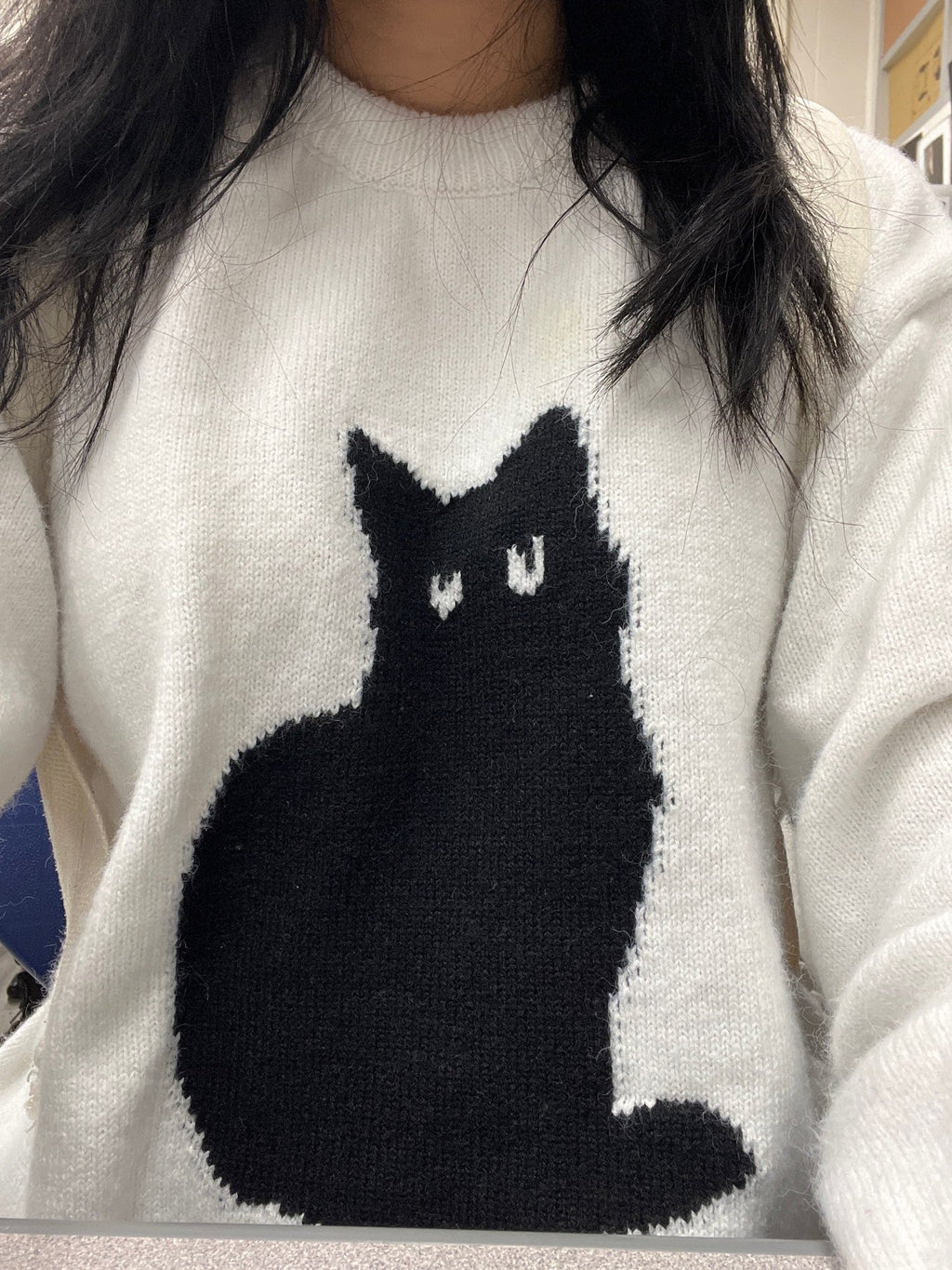 Black Cat Print Long Sleeve Sweater