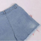 Cat Embroidery Pink Ribbon Denim Shorts