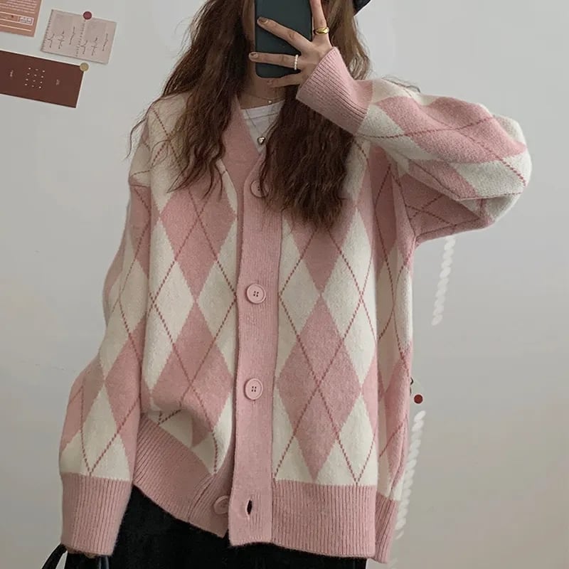 Pink Argyle V Neck Sweater