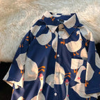 Funny Unisex Duck Cartoon Print Hawaii Beach Oversize Short Sleeve Shirt Botton Up Aesthetic Casual Summer E-Girl Kawaii Korean Japanese Harajuku