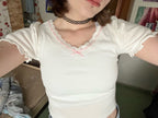 Lace Trim Bow V Neck Puff Short Sleeve Shirt