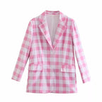 Cute 2pcs Set Vinatge Pink Plaid Blazer + High Waist Mini Skirt Suit Summer Aesthetic Casual E-Girl Kawaii Korean Japanese Harajuku