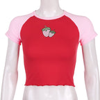 Cute Strawberry Embroidery Patchwork Short Sleeve Shirt Crop Top T-shirt Tee Casual Summer E-Girl Kawaii Korean Japanese Harajuku Streetwear