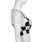 Cute Preppy Argyle Plaid Sweater Vest Sleeveless Knit Crop Top V Neck Shirt Aesthetic Casual Summer E-Girl Kawaii Korean Japanese Harajuku