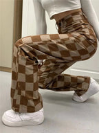 Brown Checkered High Waist Wide Leg Pants