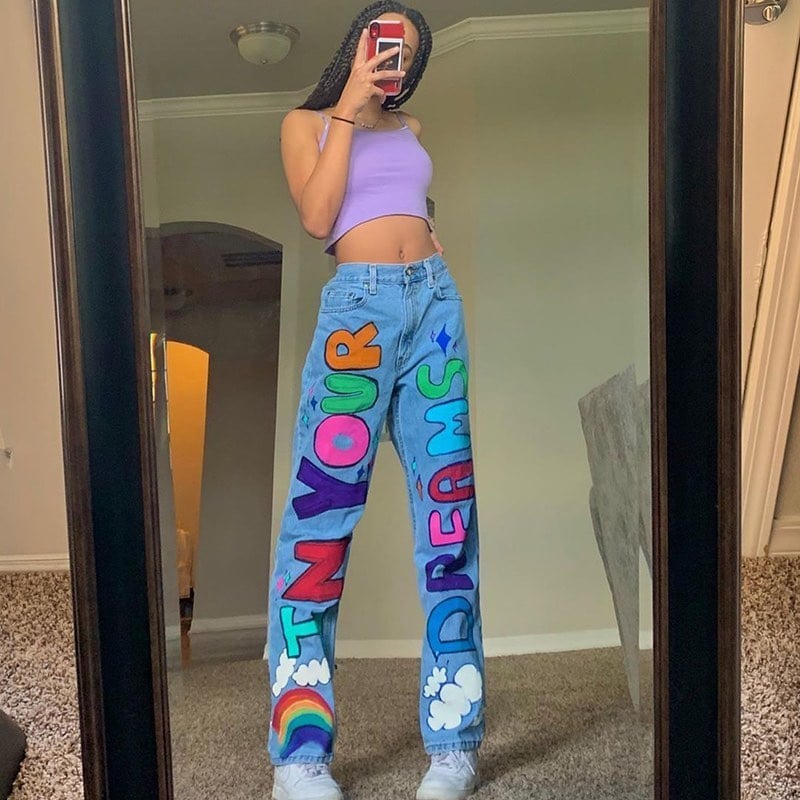 Cute Vintage 90s Rainbow Colorful Print Denim High Waisted Wide Leg Baggy Pants Punk Goth Aesthetic E-Girl Kawaii Korean Japanese Harajuku Streetwear