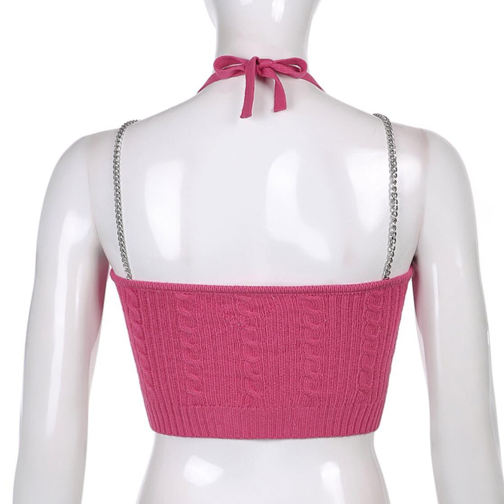 90s Pink Chain Knit Halter Crop Top Backless Tank Sleeveless Shirt Summer Aesthetic Casual E-Girl Kawaii Korean Japanese Harajuku