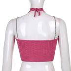 90s Pink Chain Knit Halter Crop Top Backless Tank Sleeveless Shirt Summer Aesthetic Casual E-Girl Kawaii Korean Japanese Harajuku