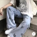 Cute Heart Denim Blue Loose High Waisted Straight Leg Flare Jeans Pants Aesthetic Casual Summer E-Girl Kawaii Korean Japanese Harajuku