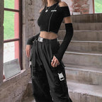 Cute Black Patchwork Cut Shoulder Crop Top Short Sleeve Shirt Punk Goth Summer Aesthetic Casual E-Girl Kawaii Korean Japanese Harajuku