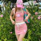 2PCS Pink Hibiscus Flower Camisole + Mini Skirt