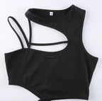Cute Sexy Black Strappy Hollow Out Tank Crop Top Sleeveless Shirt Punk Goth Summer Aesthetic Casual E-Girl Kawaii Korean Japanese Harajuku