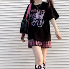 Black Bear Bow Cartoon Print Short Sleeve Tee Shirt T-shirt Top Goth Punk Causal Summer E-Girl Kawaii Korean Japanese Harajuku Streetwear