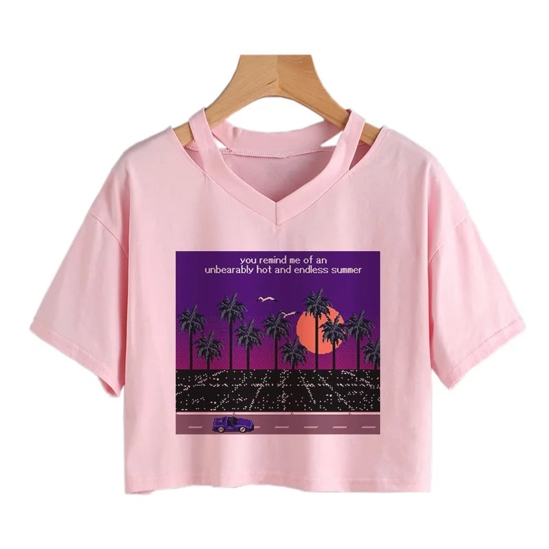 Cute Vintage Mountain Road Moon Night Sky Print Crop Top Short Sleeve Shirt Aesthetic Casual E-Girl Kawaii Korean Japanese Harajuku