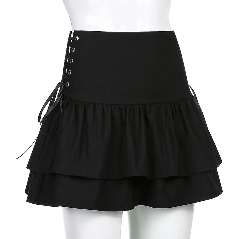 Cute 90s Lace Up Ruffles High Waist Mini Skirt Goth Punk Summer Aesthetic Casual E-Girl Kawaii Korean Japanese Harajuku