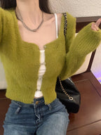 Fluffy Green Buckle Cropped Sweater