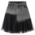Black Tulle Patchwork Denim Skirt
