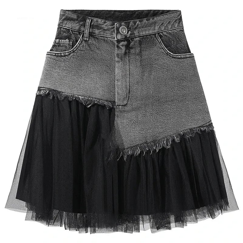 Black Tulle Patchwork Denim Skirt