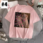 Cute Pink Funny Cat Kitten Meme Cartoon Print Loose Short Sleeve Short T-shirt Tee Top Summer Casual E-Girl Kawaii Korean Japanese Harajuku Streetwear