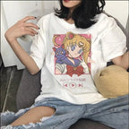 Cute Japanese Anime Girl Cartoon Print Loose Short Sleeve Shirt Aesthetic Casual E-Girl Kawaii Korean Japanese Harajuku