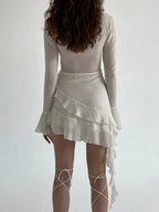 White Ruffle A-Line Chiffon Long Sleeve Flare Dress