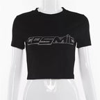 Cute Sexy Black Cosmic Letter Sequin Crop Top T-shirt Short Sleeve Shirt Kawaii Korean Japanese Harajuku Chinese Retro Streetwear Aesthetic Fashion