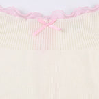White Knit Bow Ribbed Trim Low Waist Mini Skirt