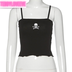 Cute Sexy Black Skull Embroidery Sleeveless Shirt Crop Top Tank Camisole Spaghetti Goth Punk Casual E-Girl Kawaii Korean Japanese Harajuku Streetwear