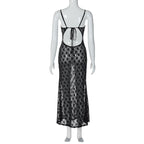Black Floral Mesh Lace Backless Slip Dress