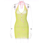 Yellow Plaid V Neck Halter Mini Dress