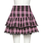 Pink Plaid Pleated Lace Mini Skirt
